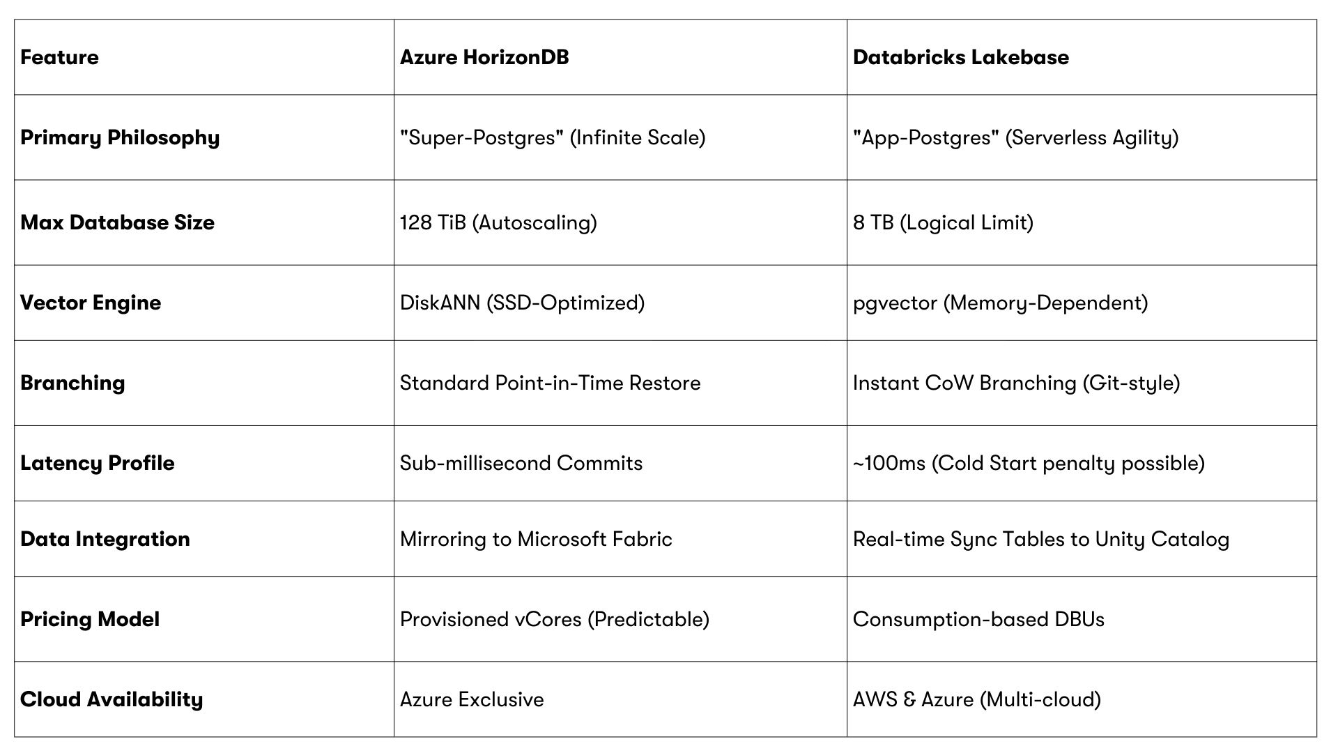 HorizonDB vs Lakebase Comparison Table